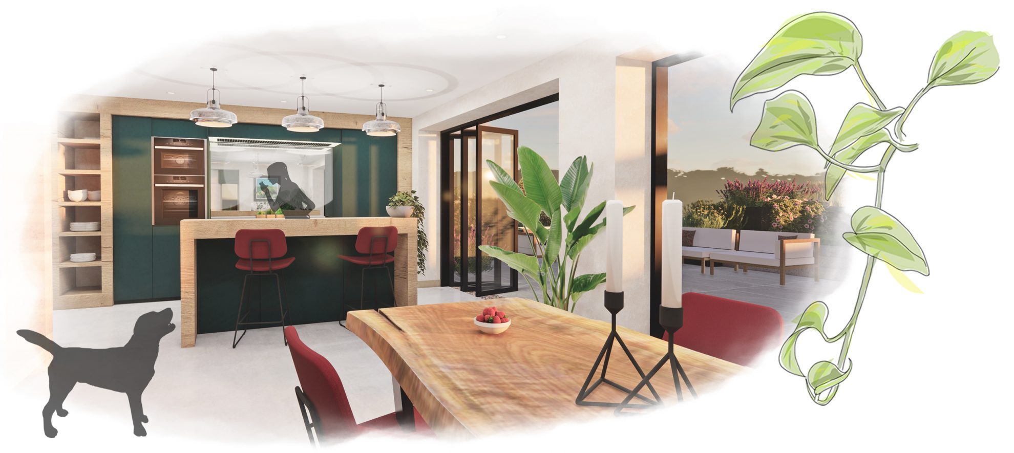 Kitchen design and render by Philippa Hope Design with live edge table and bifold doors revealing view onto garden